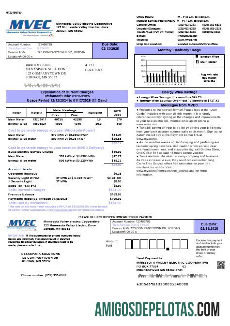 imprimível Modelo de conta de serviços públicos da Cooperativa Elétrica do Vale de Minnesota dos EUA (MVEC) em formatos Word e PDF